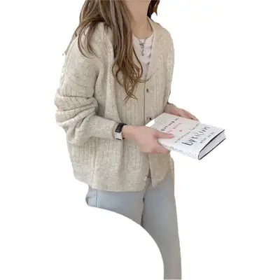 Women Soft Milk Blue Ribbed Cardigan 2025