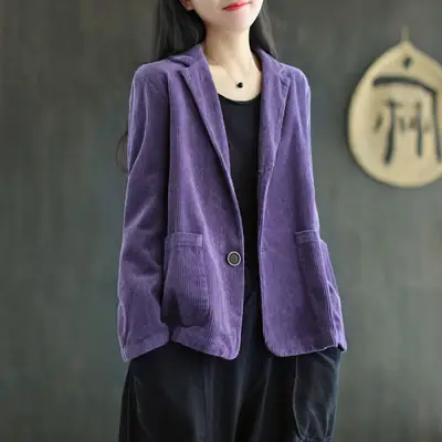 Women's Blue Corduroy Mid-Length Jacket Long Sleeve