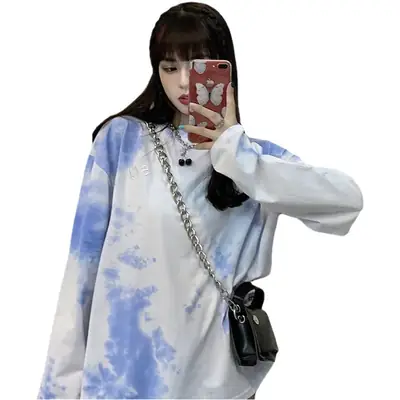Women Tie-Dye Long Sleeve T-Shirt Blue White Mid Length