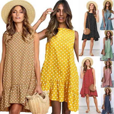 Yellow Polka Dot Sleeveless Dress for Women
