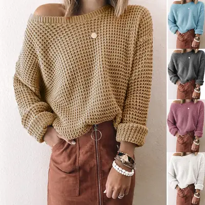 2023 Women's Blue Waffle Knit Off-Shoulder Sweater