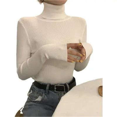 Women's Knitted High Neck Sweater Beige Winter Slim Fit