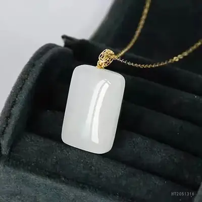 Guan Yu Jade Square Pendant Necklace White Gold
