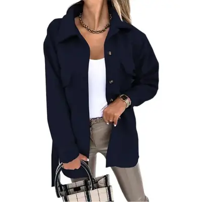 Women Woolen Lapel Jacket Black Long Sleeve Button Up