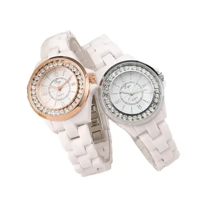 White Korean Style Women's Quartz Watch with Rhinestone Band