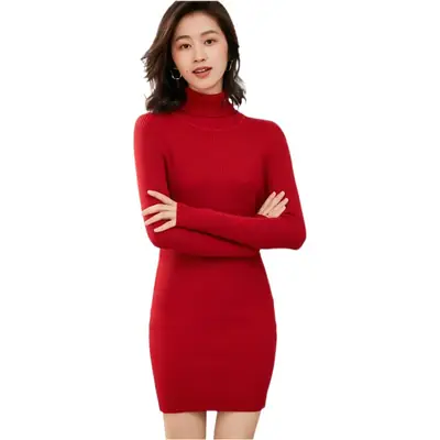 Blue High-Neck Knitted Sweater for Women Mid-Length Slim Fit