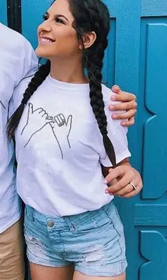 Women White Short Sleeve T-Shirt with Hand Hook Design