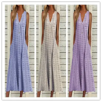 Women's V-Neck Sleeveless Dress Purple Cotton Large