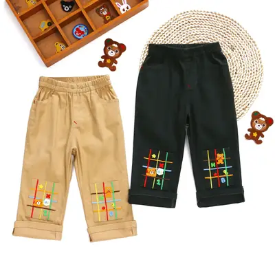 Japanese Style Cartoon Bear Long Pants Set for Boys Girls Red Brown