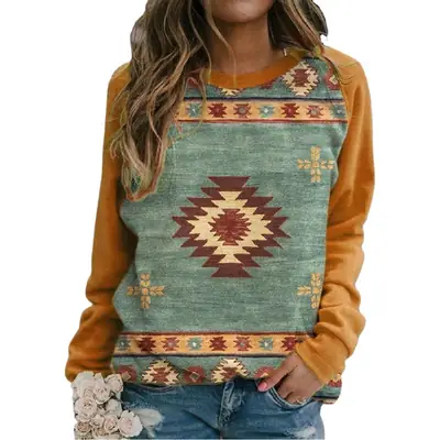 Women's Long Sleeve Patterned Sweater Top Green Brown