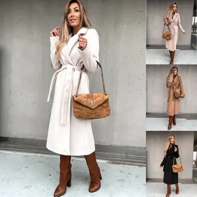 2021 Women's Woolen V-Neck Coat with Strap