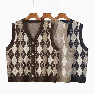 Women Korean-style Rhombic Knitted Vest Autumn