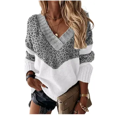 V-Neck Leopard Print Knit Pullover Top Blue White