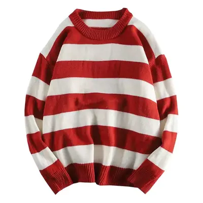 Men's Red White Striped Knit Sweatshirt Winter Casual