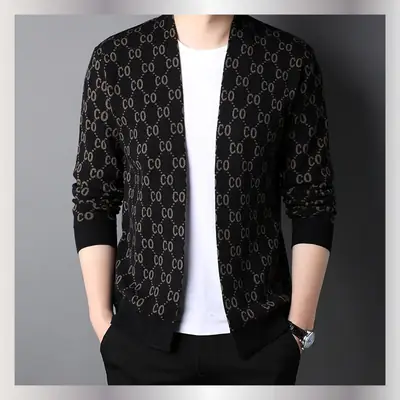 Men's Black Knitted Cardigan with Guitote Print