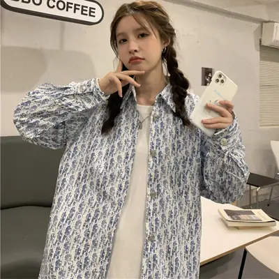 Women's Antique Print Long Sleeve Shirt Spring Autumn Loose Korean Style