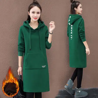 Women Green Hooded Sweatshirt Mid-Length Winter Warm