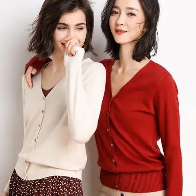 2025 Spring Women V-Neck Cardigan Sweater Solid Color