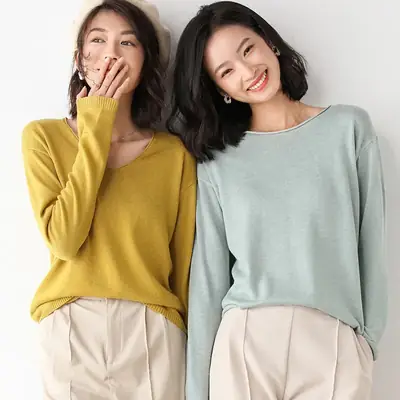 Women's Pink V Neck Knit Sweatshirt Set