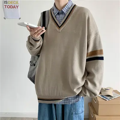 Men V-neck Knitted Sweater Blue Korean Style