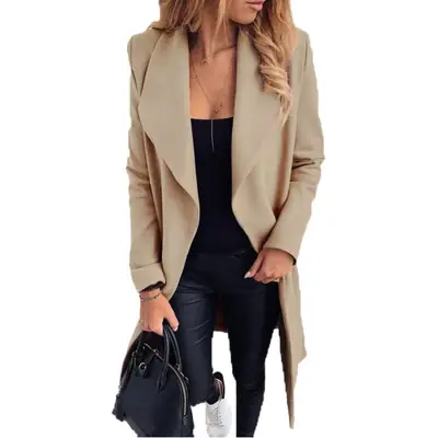 Women Woolen Coat Red Black Tie-Up Large Lapel