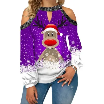2023 Christmas Tree Print Long Sleeve T-Shirt Green Women