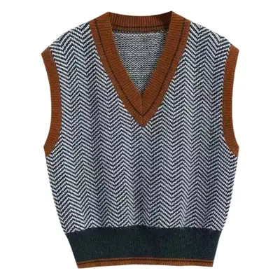 Women V-Neck Knitted Vest Brown Sleeve