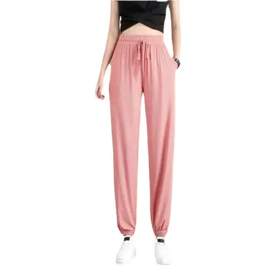 Women's Pink Loose Leg Trousers Ice Silk Casual Pants