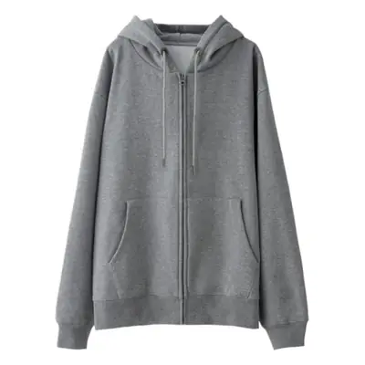 Women Grey Zipper Hooded Jacket Fleece Lined Loose Fit