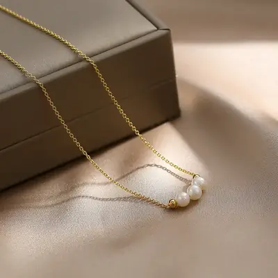 Golden Pearl Necklace for Women with 3 Pearsls