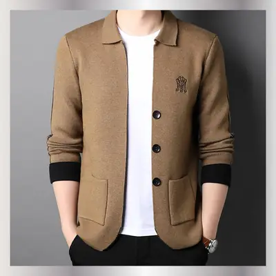Men's Brown Knitted Cardigan Jacket with Embroidered Logo