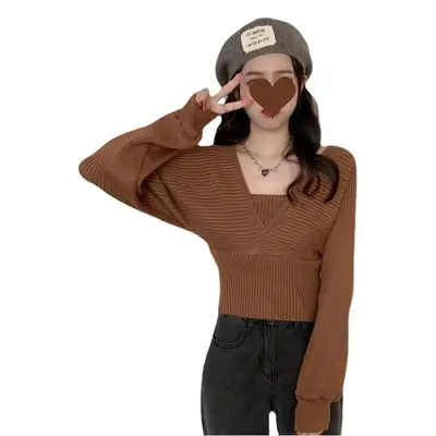 Black French Niche Waist Slimmer Knit Top for Women