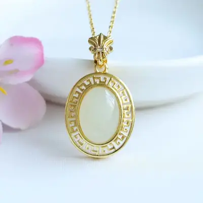 Guan Yu Inlaid Jade Pendant Necklace White Jade Egg Shaped