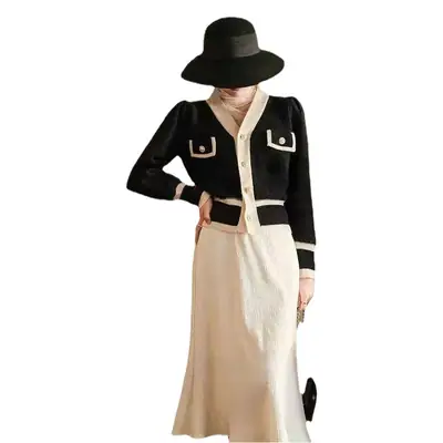 Women's Black White Knitted Cardigan Jacket with Embroidered Details