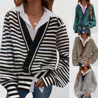 2021 Women's Striped Knit Sweater Jacket Black White