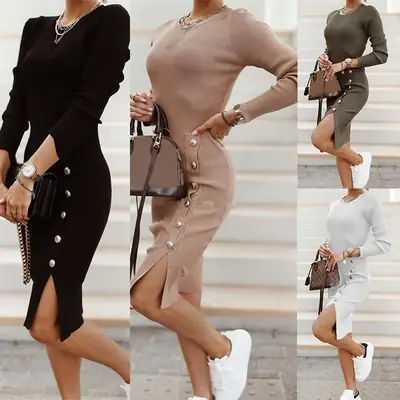 Elegant Knitted Slit Skirt with Button Front