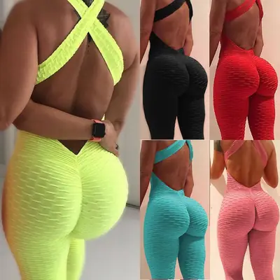 Pink Crossbody Yoga Jumpsuit Backless Cross Tight Sports Fit