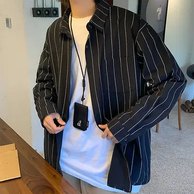 Men Striped Long Sleeve Shirt Black White Loose Casual