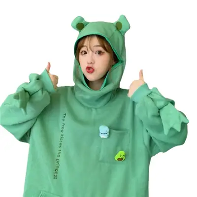 Frog Hoodie Women Green Fleece Lined Hooded Sweatshirt