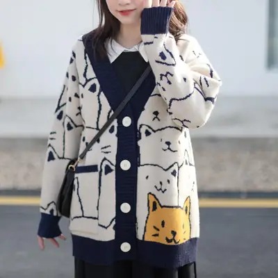 Women Cat Jacquard Sweater Jacket V Neck Large Winter