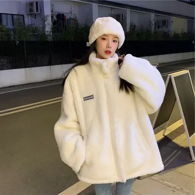 Women's White Wool Stuffed Loose Sweater Jacket Autumn Winter