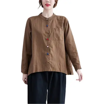 Women Cotton Linen Button Shirt Brown Long Sleeve