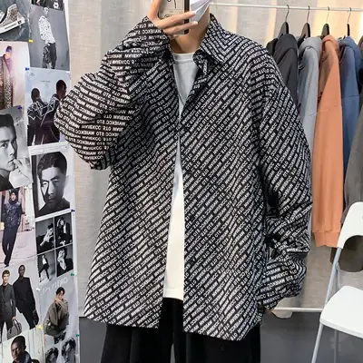 Men's Long Sleeve Korean Style Harajuku Shirt White Patterned Loose Ins Top