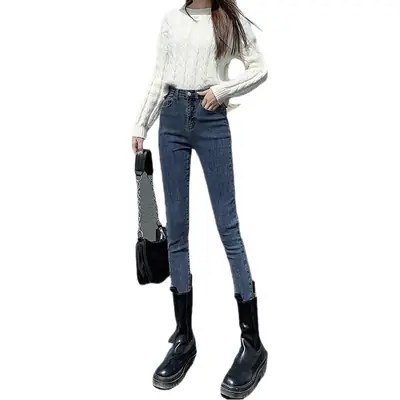 Women Skinny Jeans Blue Grey Slim Fit Ankle Length