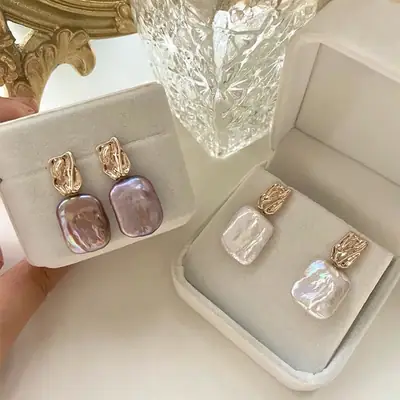 Natural Cube Pearl Earrings for Women French Style