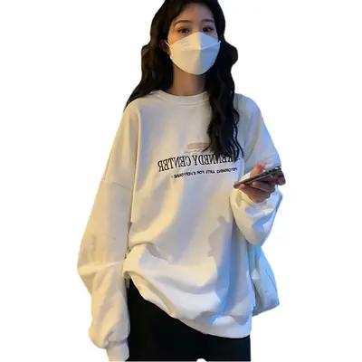 Women Fleece Lined Hoodie Grey Korean Style Loose Fit
