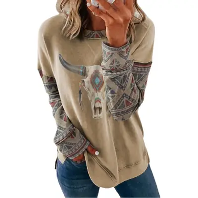 Women Long Sleeve Cotton Sweater Beige with Cowboy Print