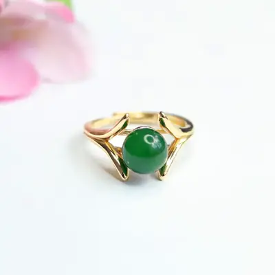 Green Jade Spinach Ring with Gold Plated Band