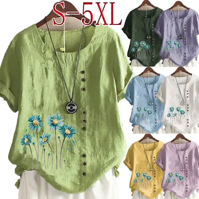 Women's White Flower Print Button T-Shirt Loose Casual Summer Wear