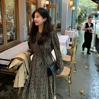 French Retro Black Floral Dress Women's Autumn Winter Slimming Chiffon Long
